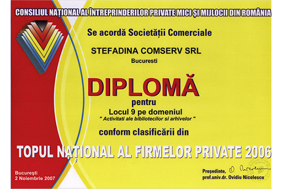 Diplomă Locul 9 Top Naţional România 2006